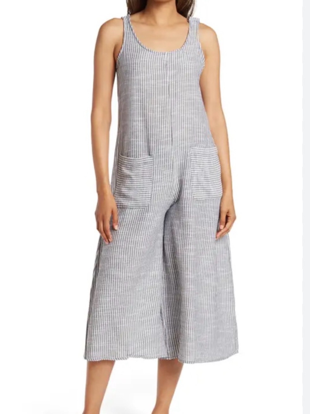 Striped Scoop Neck Sleeveless Wide, Crop Leg Jumpsuit